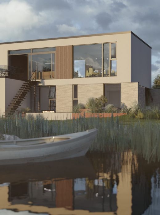 3D-model af et to-etagers funkishus set udefra ved en sø og et smukt grønt græsområde.